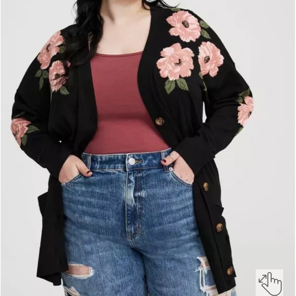 Torrid 3x Floral Embroidered Black Cardigan Sweater